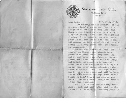 Stockport Lads' Club Letter, 16 November 1914