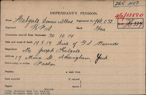 Pension Record Card For Dennis Holgate