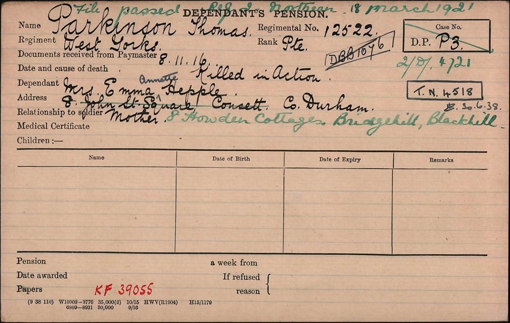 The Pension Record Card For Thomas Parkinson