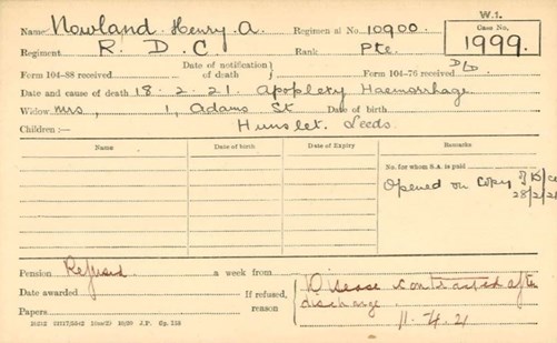 Henry Nowland Pension Record Card