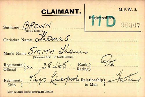 Thomas Brown Pension Record Card
