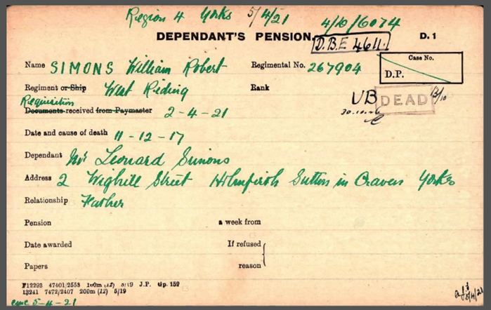 Pension Card William Robert Simons