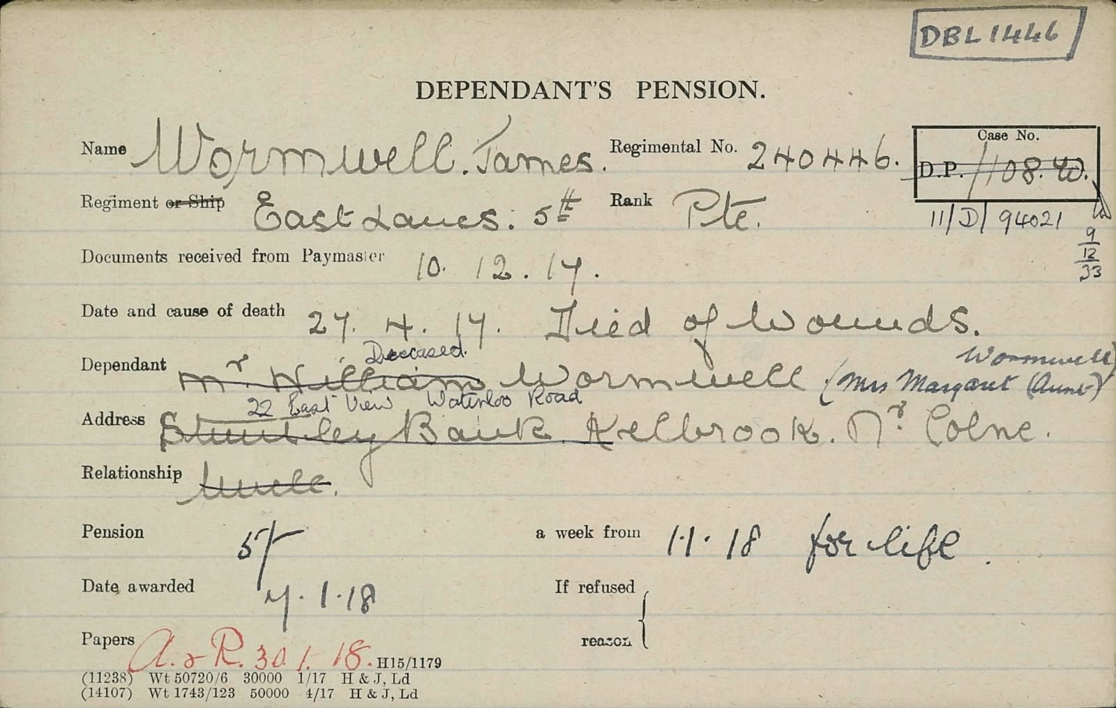 James Wormwell Pension Card