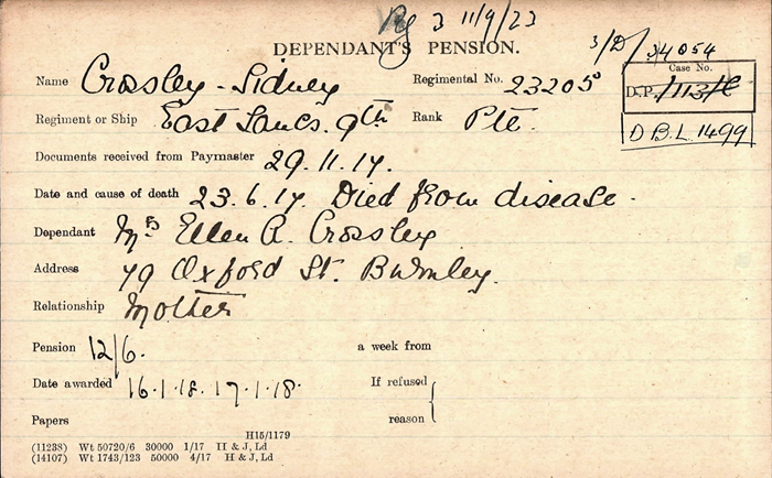 Sidney Crossley Pension Card