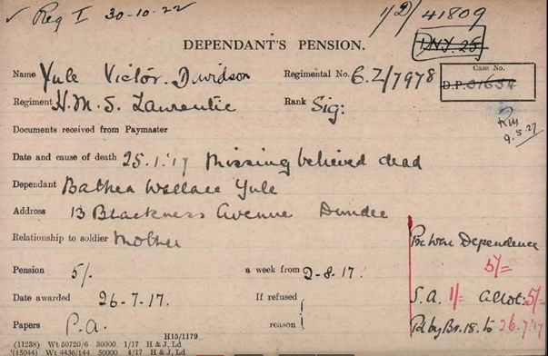 Victor Yule Pension Card