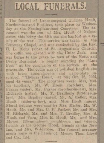 A Report On Thomas’ Funeral When He Was Evidently Buried With Military Honours Which Appeared In The Derby Daily Telegraph Of 24 October 1924.