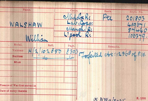 Medal Index Card Indicating That His Medals Were Forfeited