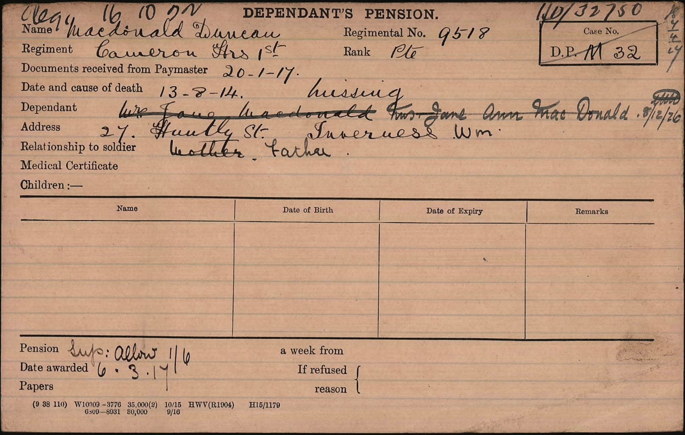 Duncan Mcdonald Pension Card