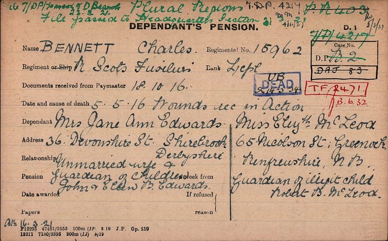 Charles Bennett Pension Record Card