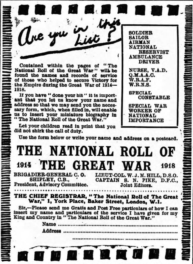 National Roll Of Honour Advert From Long Long Trail