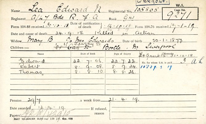 Edward Lea Pension Record Card