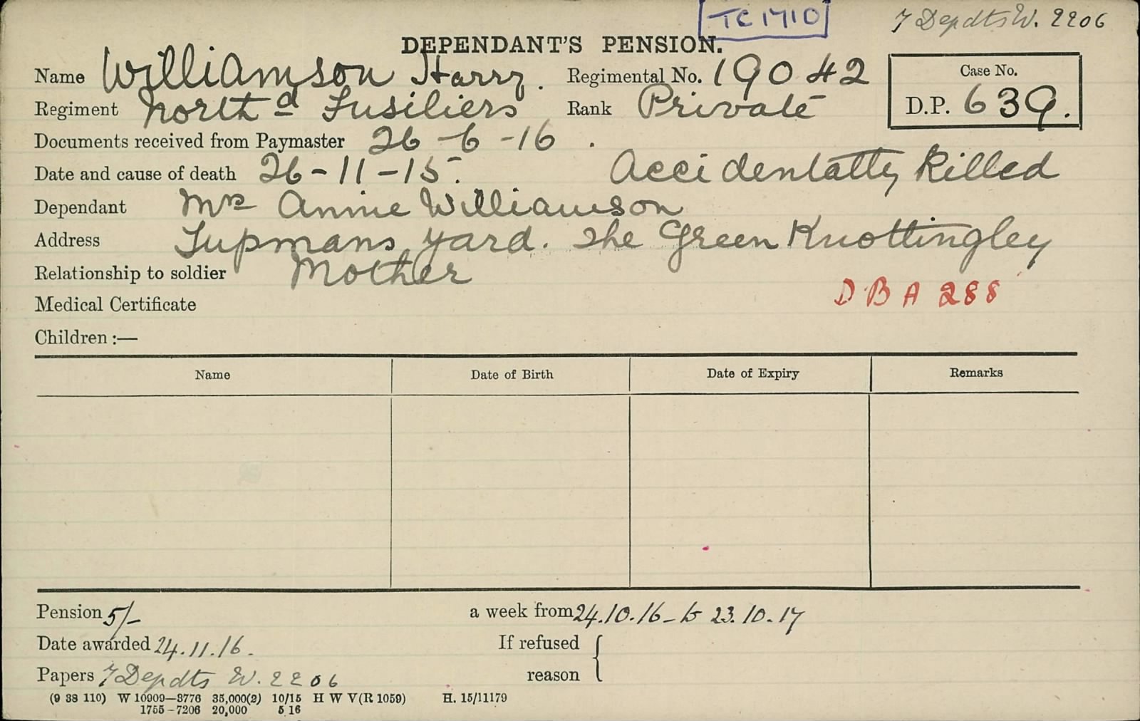 Harry Williamson Pension Record Card