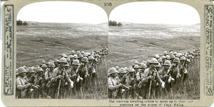 Captioned 'Our Reserves Awaiting Orders To Move Up To Their New Positions On The Slopes Of Cape Helles' This Is One Of The Examples Of Images From The Gallipoli Campaign From The 'Realistic Travels' Set.