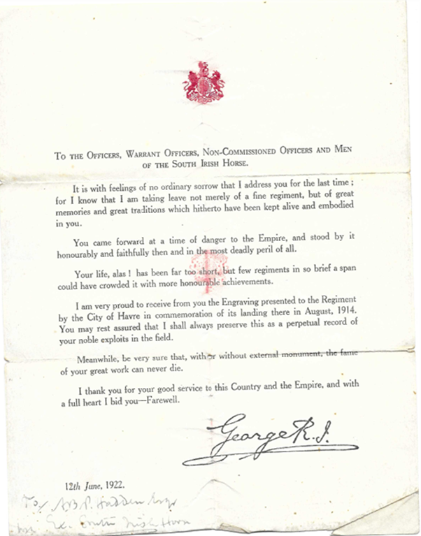 The letter from King George V sent to all serving members of the South Irish Horse