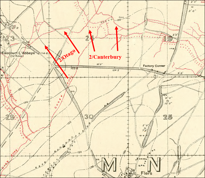 Map Showing Initial Advance By The 2NZ Infantry Brigade North Of Flers