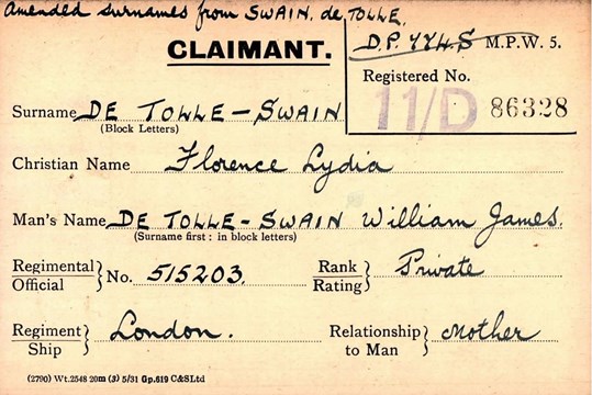 One Of The Pension Record Cards De Tolle Swain