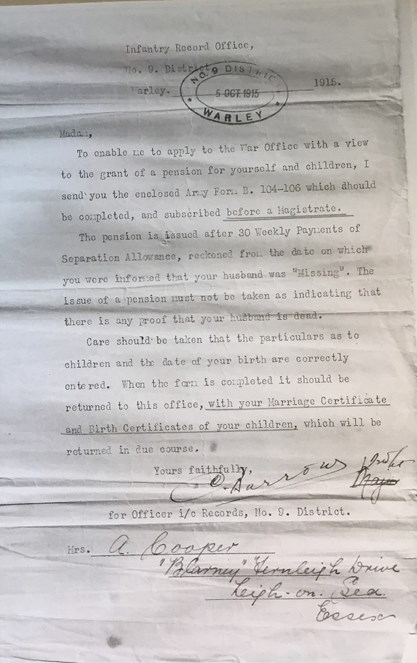 Letter accompanying Army Form B.104-106 Request for a Pension.