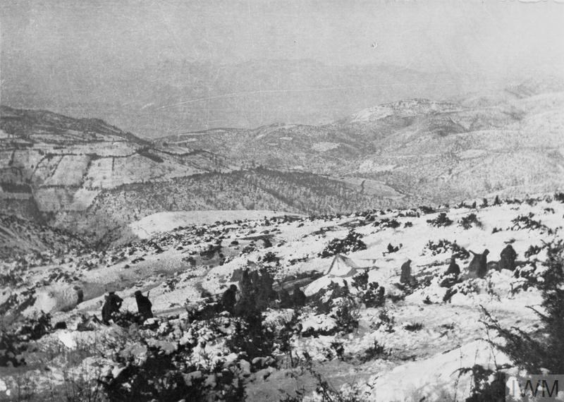 View Down The Reverse Slope Of The Snow Clad Kosturino Ridge From The Battalion HQ Bivouac Of The 5Th Connaught Rangers, 30 November 1915. IWM Q 55130