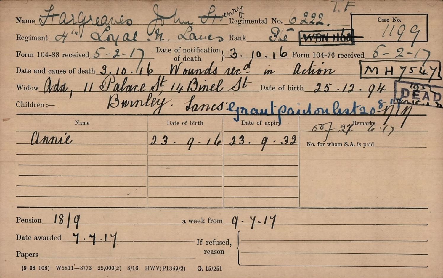 John Hargreaves Pension Record Card