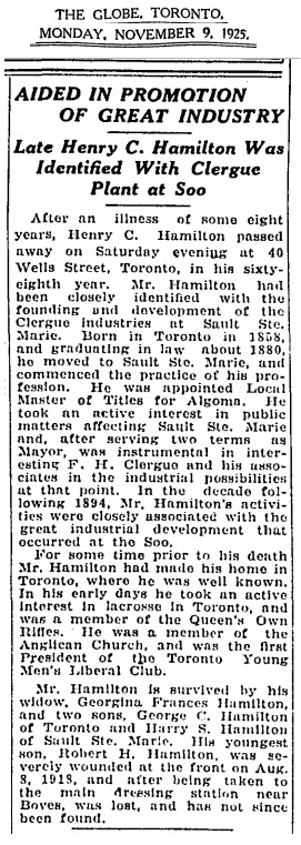 The obituary for Henry Hamilton which appeared in ‘The Globe, Toronto’ on 9 November 1925. Photo - Ancestry