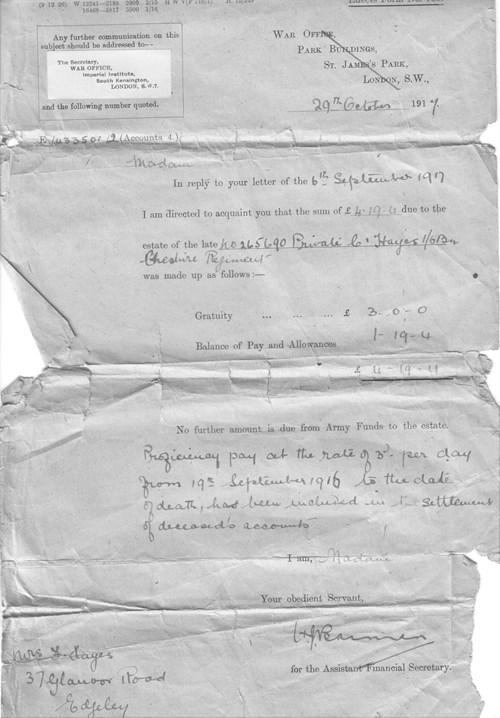 Initial War Office Effects Form 135, 29Th October 1917
