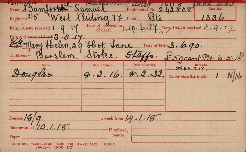 The Pension Record Card For Samuel Bamford
