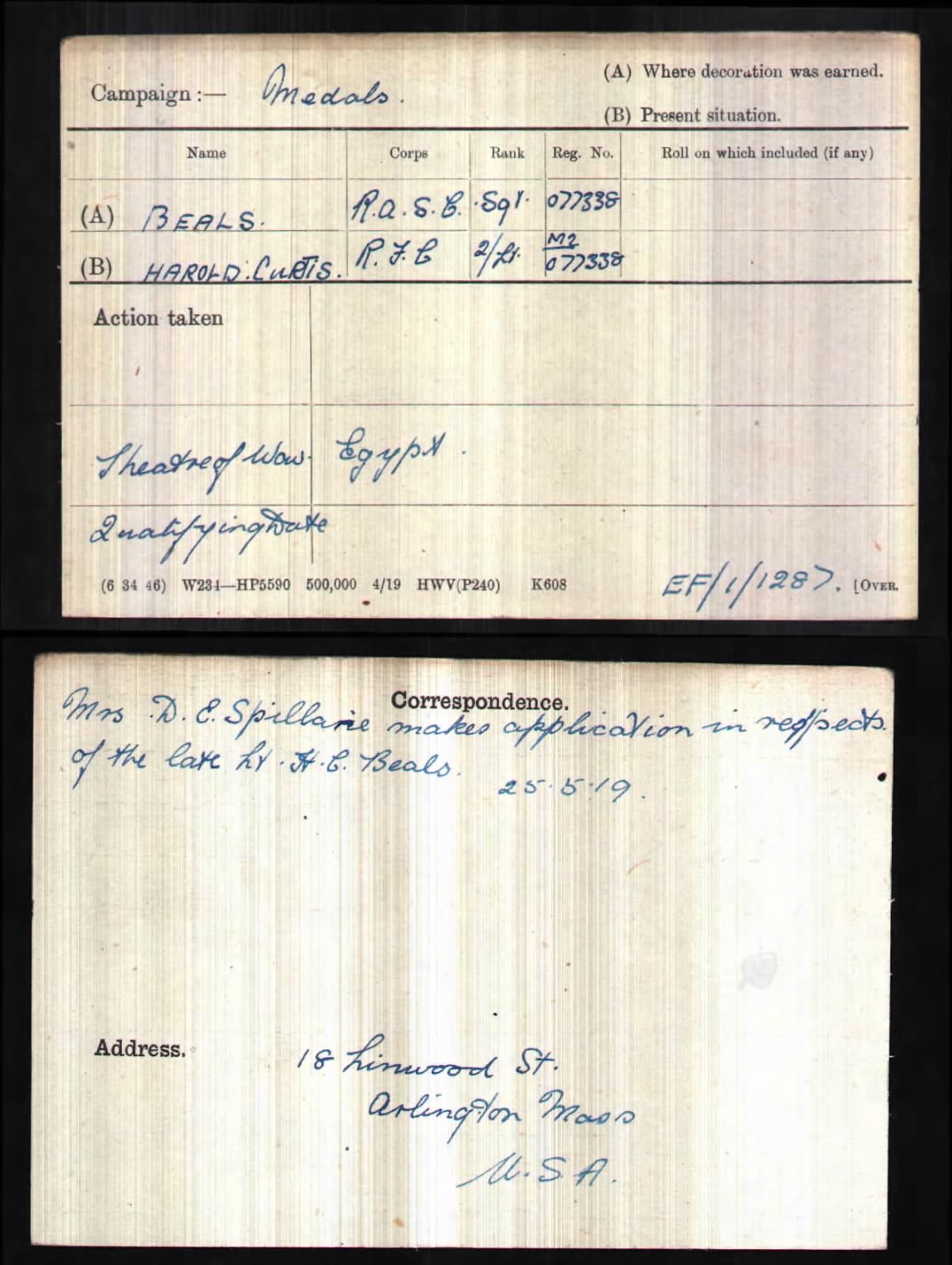 Harold Curtis Beals Medal Card