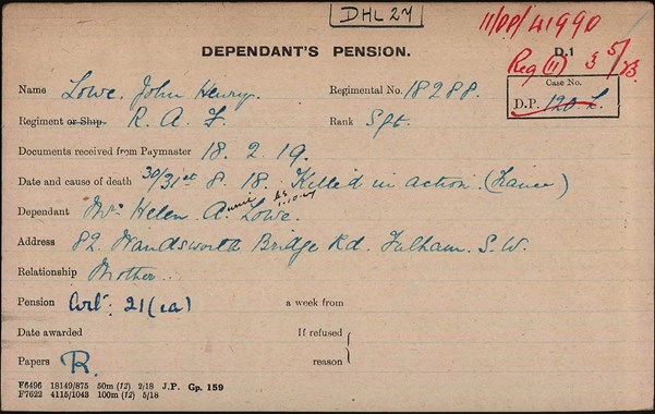 Serjeant John Lowe Pensino Record Card