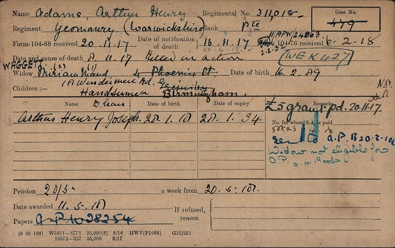 Arthur Henry Adams Pension Record Card