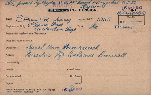 Sydney Spiller Pension Record Card