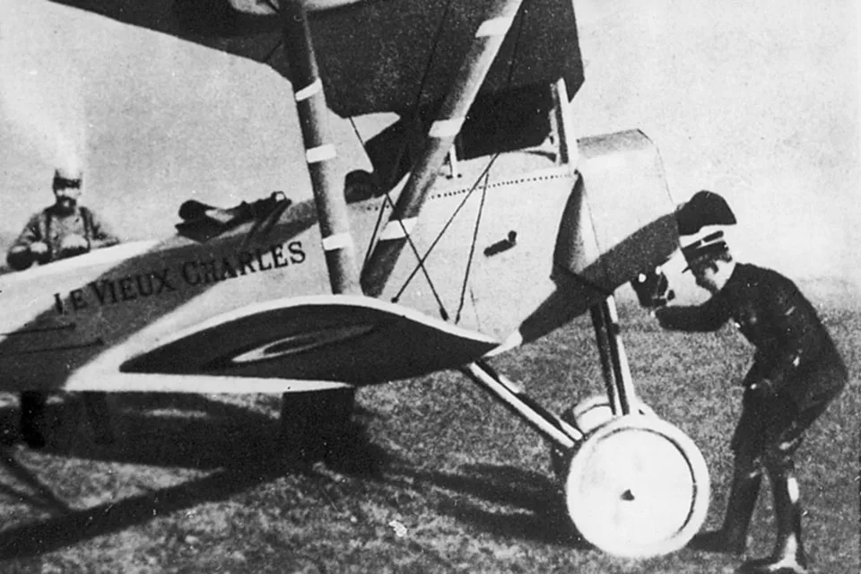 Guynemer Checks The 80 Hp Le Rhône Rotary Engine Of His Sky Blue Nieuport 11 Bébé Scout, N836, In Which He Became An Ace On February 3, 1916. (Copyright Greg Van Wyngarden)