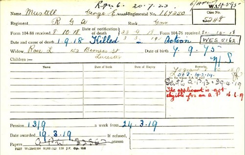 George Mustill Pension Record Card