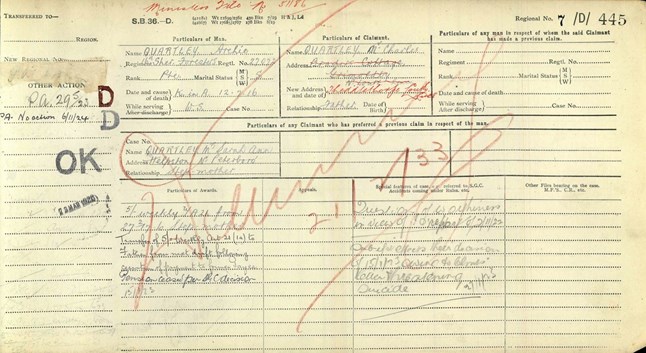 Private Archie Quartley Ledger