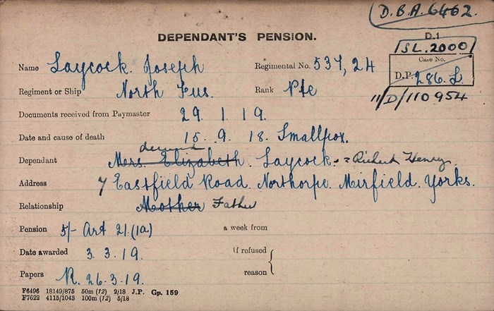 Joseph Laycock ‘Other Ranks Killed’ Card