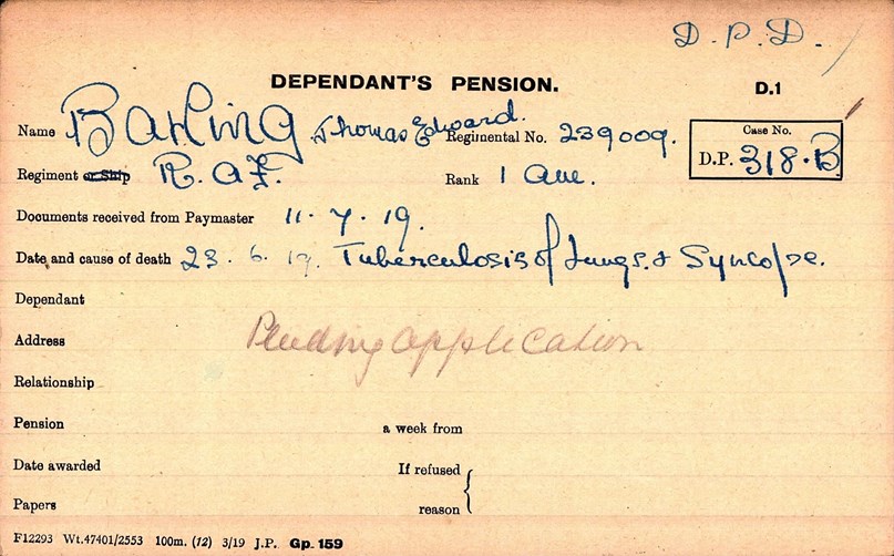 Thomas Bawling Pension Record Card