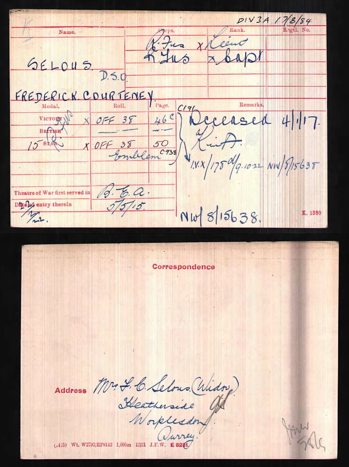 Captain Frederick Courtenay Selous Medal Card