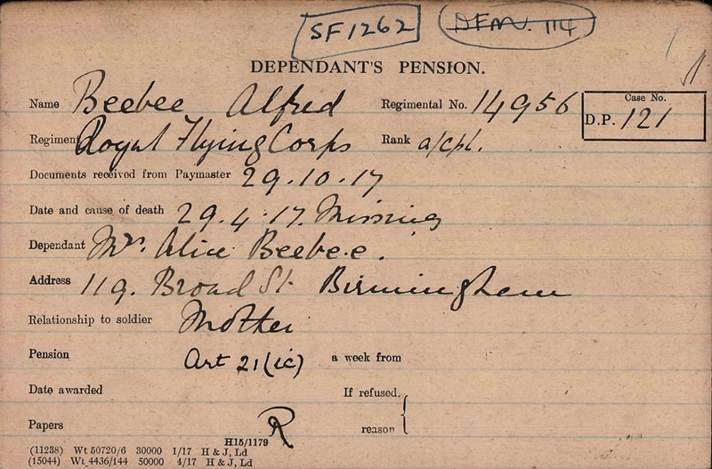 Alfred Beebee Pension Record Card