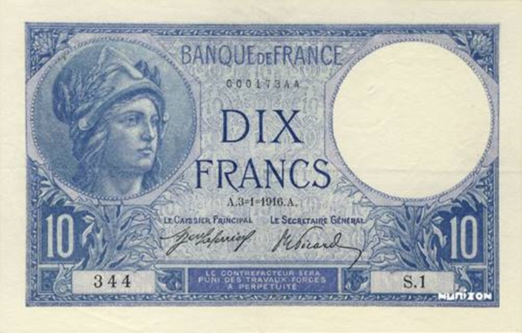 A 10 Franc Banknote Issued In 1915