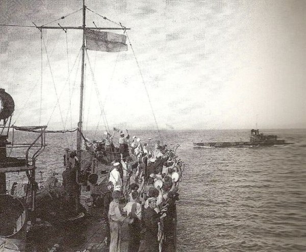 The Crew Of The HMS Grampus (A Beagle Class Destroyer) Cheering The Surfaced HMS E11