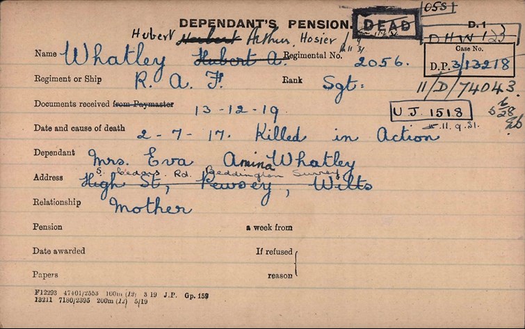Hubert Whatley Pension Record Card