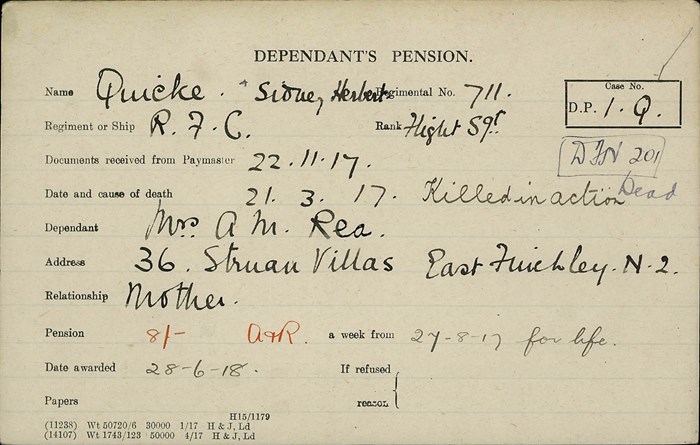 Sidney Quicke Pension Record Card