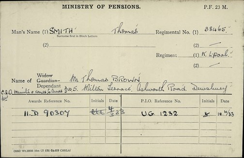 Thomas Smith Pension Record Card