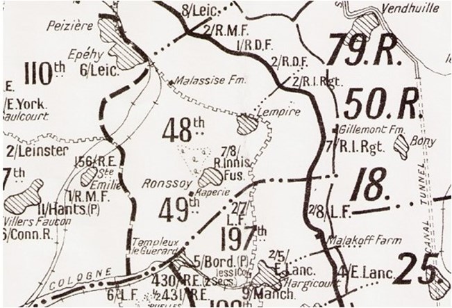 21 March 1918 – showing the position of 7th Royal Irish Regiment. Image: the longlong trail