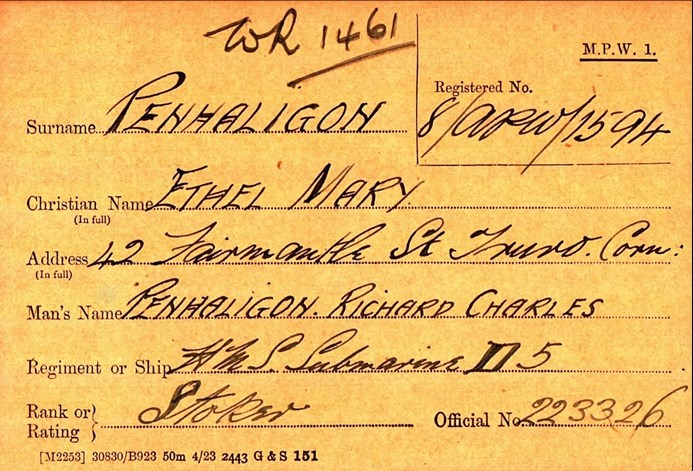 Pension Record Cardfor Richard Charles Penhaligon
