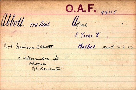 'Officers Widows' Card For Alfred Abbott