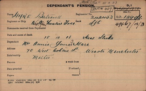 Bertrand Pension Record Card