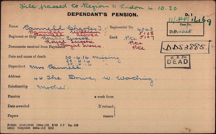 The Pension Card Which Initially Highlighted The Loss Of Three Pannell Brothers On The Same Day