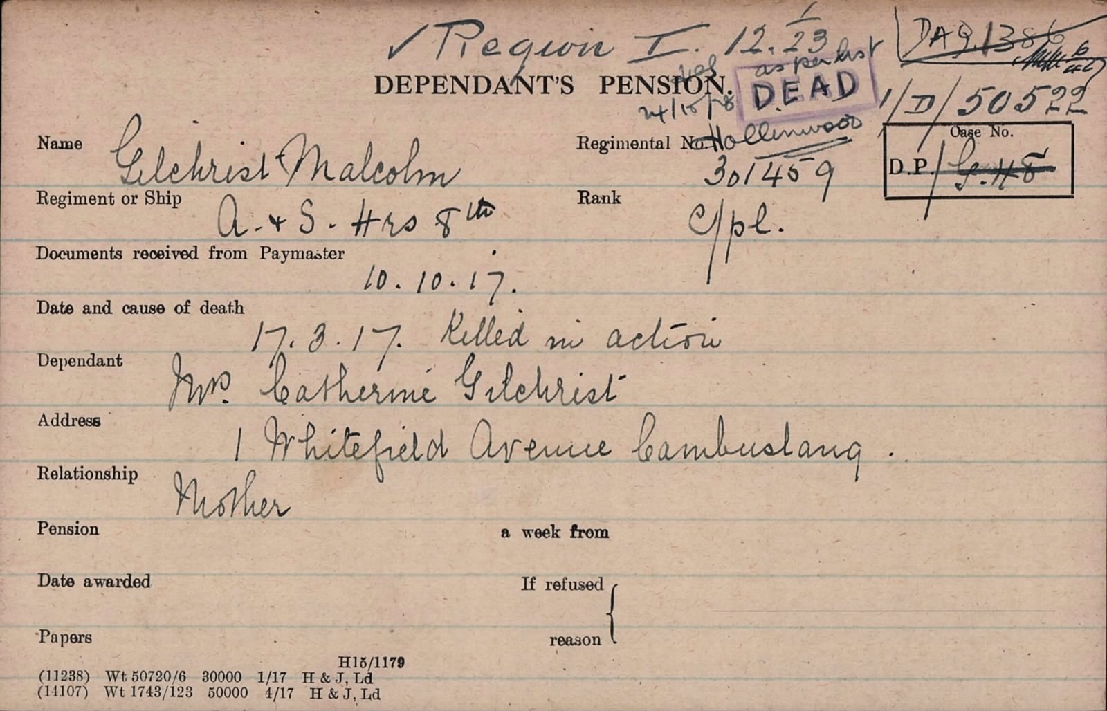 Malcolm Mcniven Gilchrist Pension Card