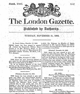 London Gazette Of 1893 Announcing Kitchener’S Promotion To Brigadier General.