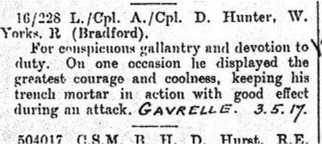 Copy Of Extract From (Honours Deeds) London Gazette April 17Th 1918